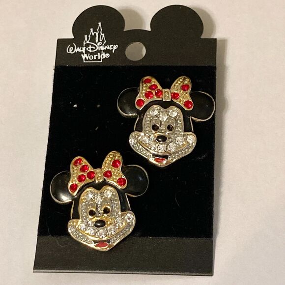 Vintage Disney Minnie Mouse Earrings Post Crystal Rhinestone Enamel Taiwan - Picture 3 of 10